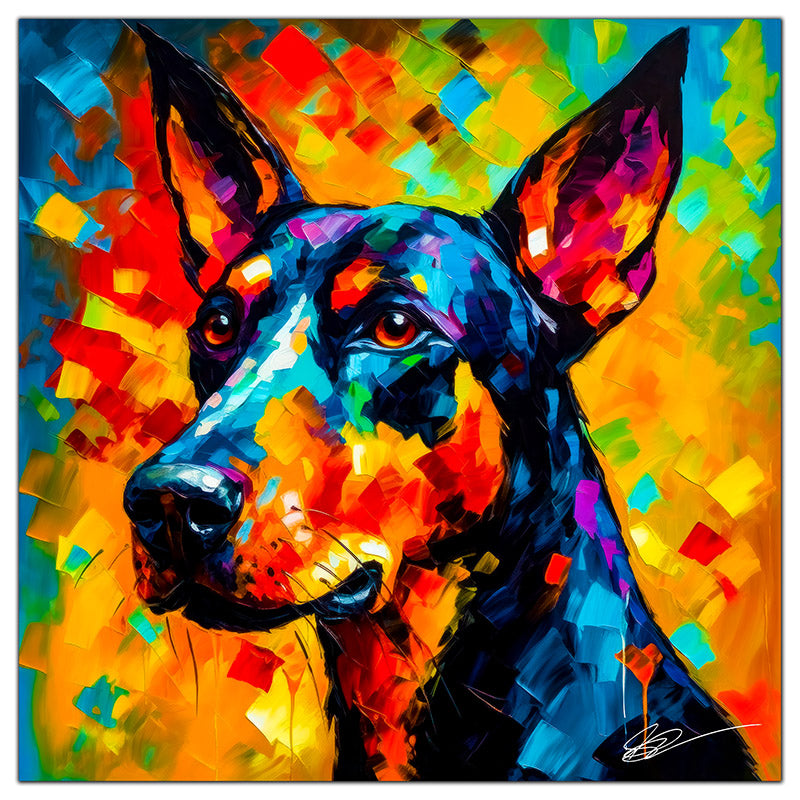 Colorful Dobermann portrait in modern art style, perfect for home decor.