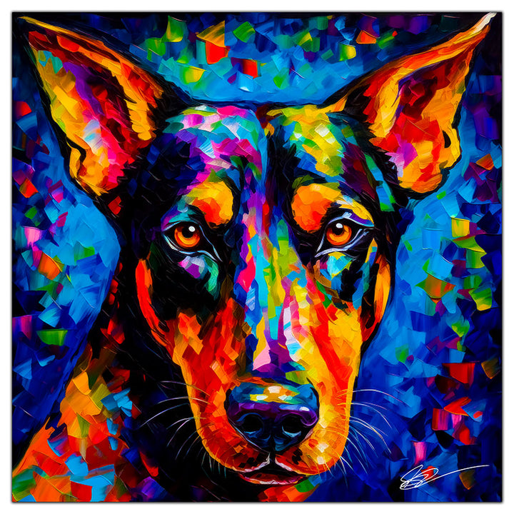 Colorful Dobermann portrait in modern art style, perfect for home decor.