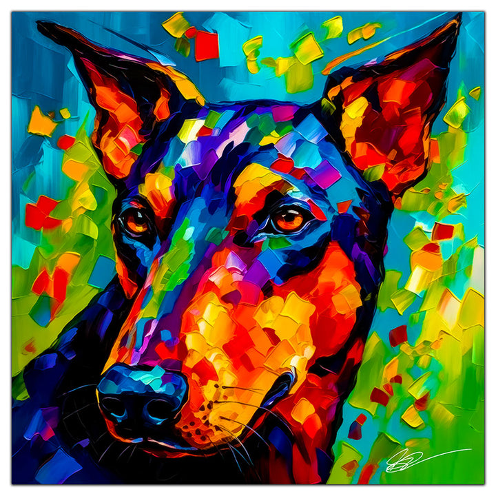 Colorful Dobermann portrait in modern art style, perfect for home decor.