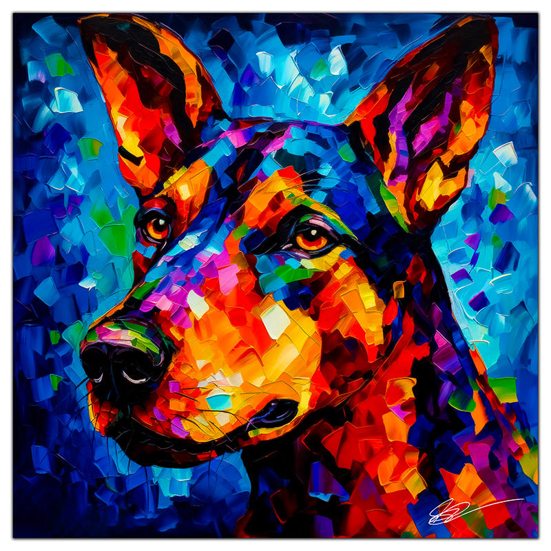 Colorful Dobermann portrait in modern art style, perfect for home decor.