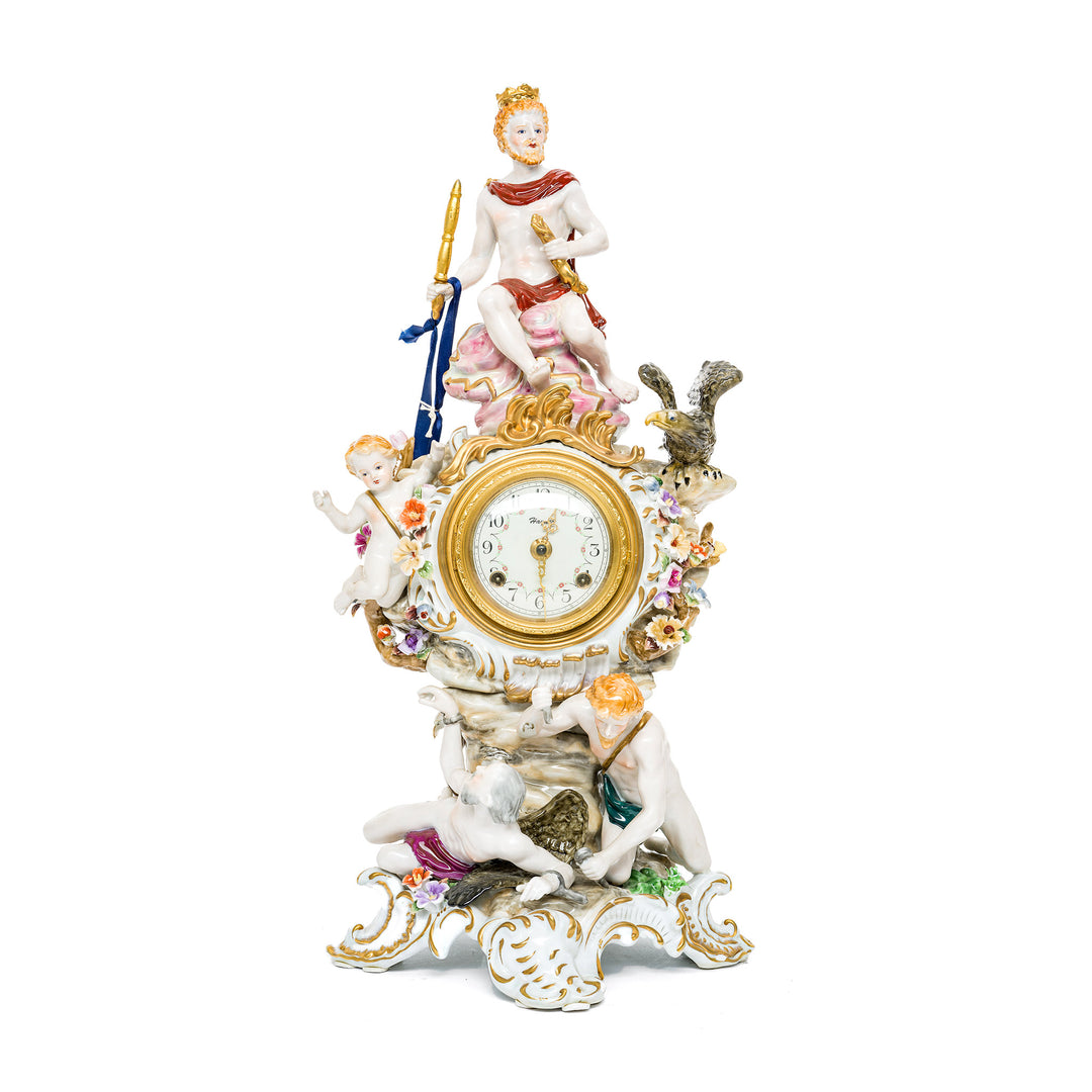 Dresden Porcelain Mantle Clock with classical figures and golden accents.