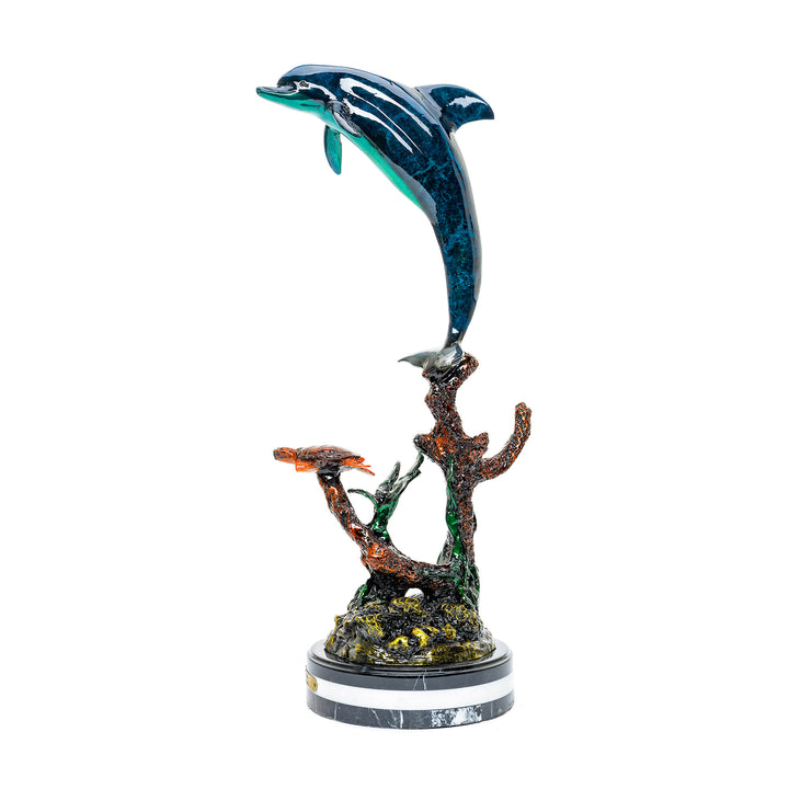 Dynamic marine life sculpture featuring a dolphin and turtle in bronze.