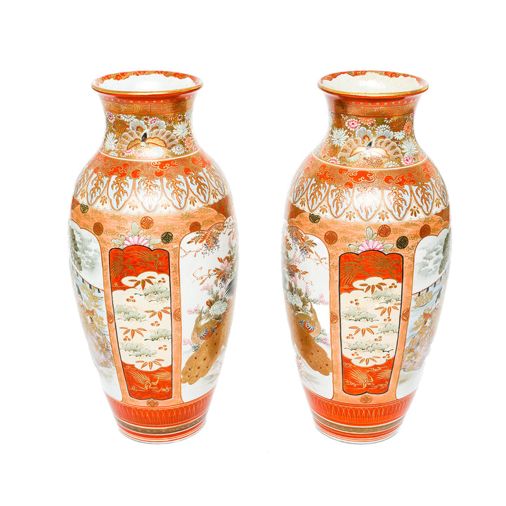 Elegant Meiji period Kutani vase with floral and warrior designs.