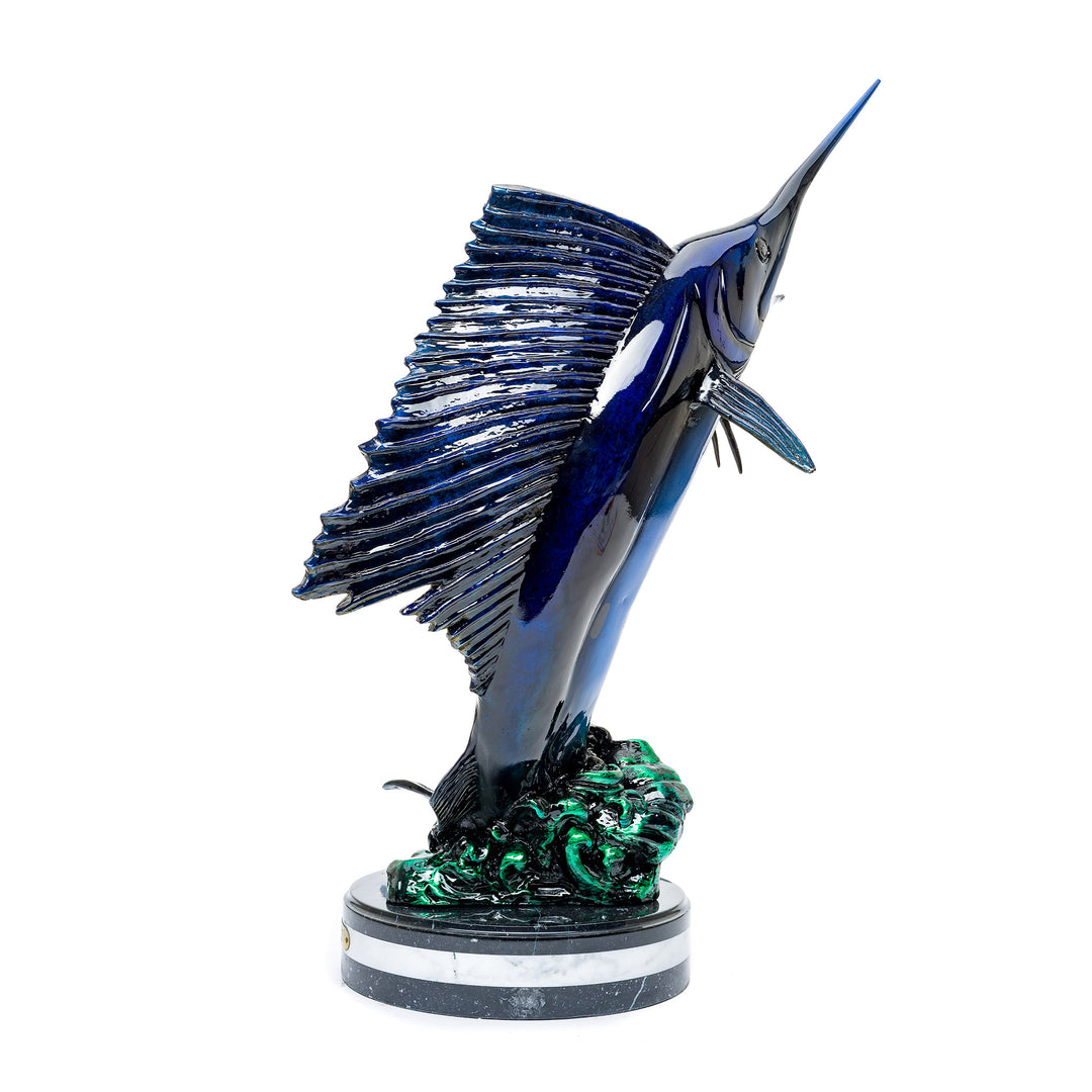 Elegant bronze marlin sculpture with a vibrant custom finish.