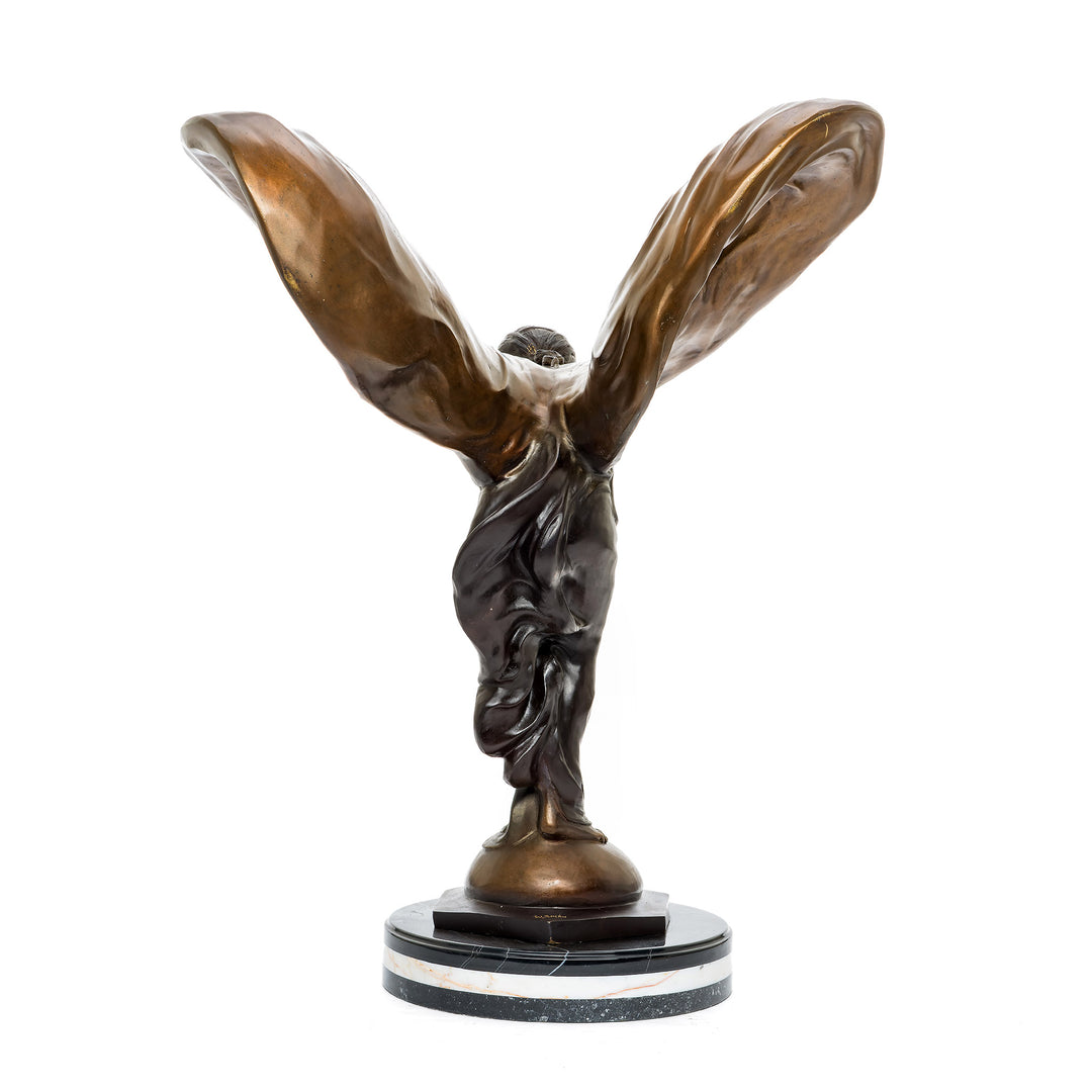 Elegant bronze statue capturing the motion of the Spirit of Ecstasy.