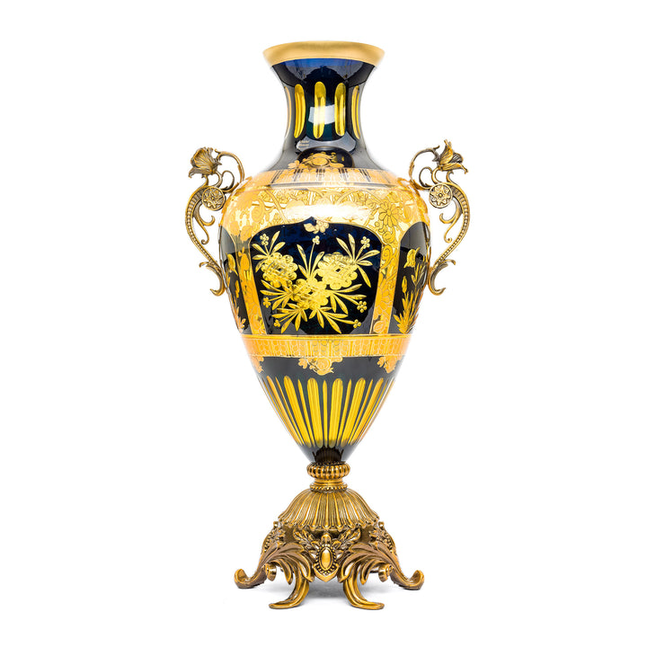 Elegant royal blue crystal vase mounted on ornate Dore bronze.