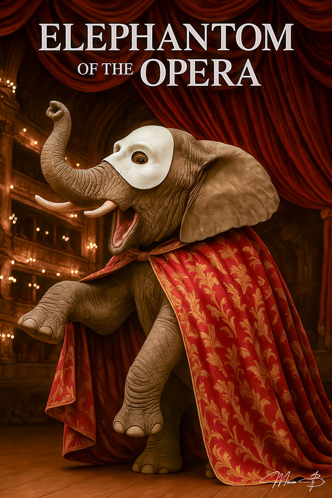 Elephant wearing opera mask and cape performing on stage metal wall art print