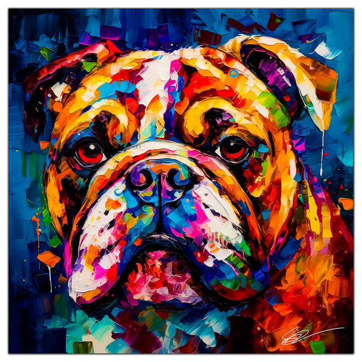 Colorful English Bulldog portrait in modern art style, perfect for home decor.