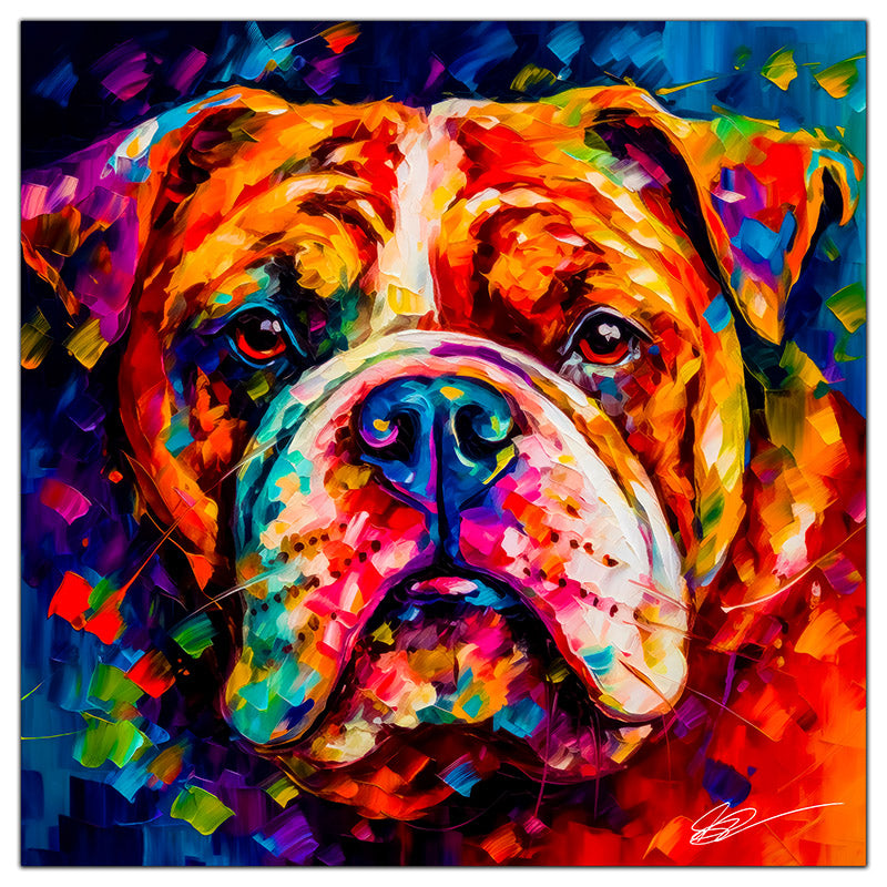 Colorful English Bulldog portrait in modern art style, perfect for home decor.