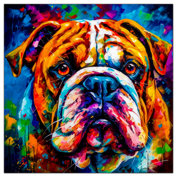 Colorful English Bulldog portrait in modern art style, perfect for home decor.