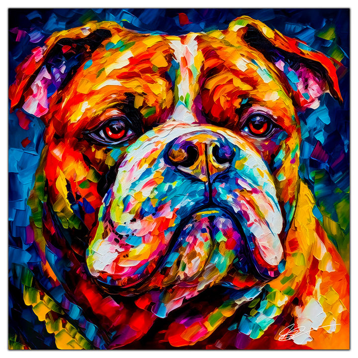 Colorful English Bulldog portrait in modern art style, perfect for home decor.