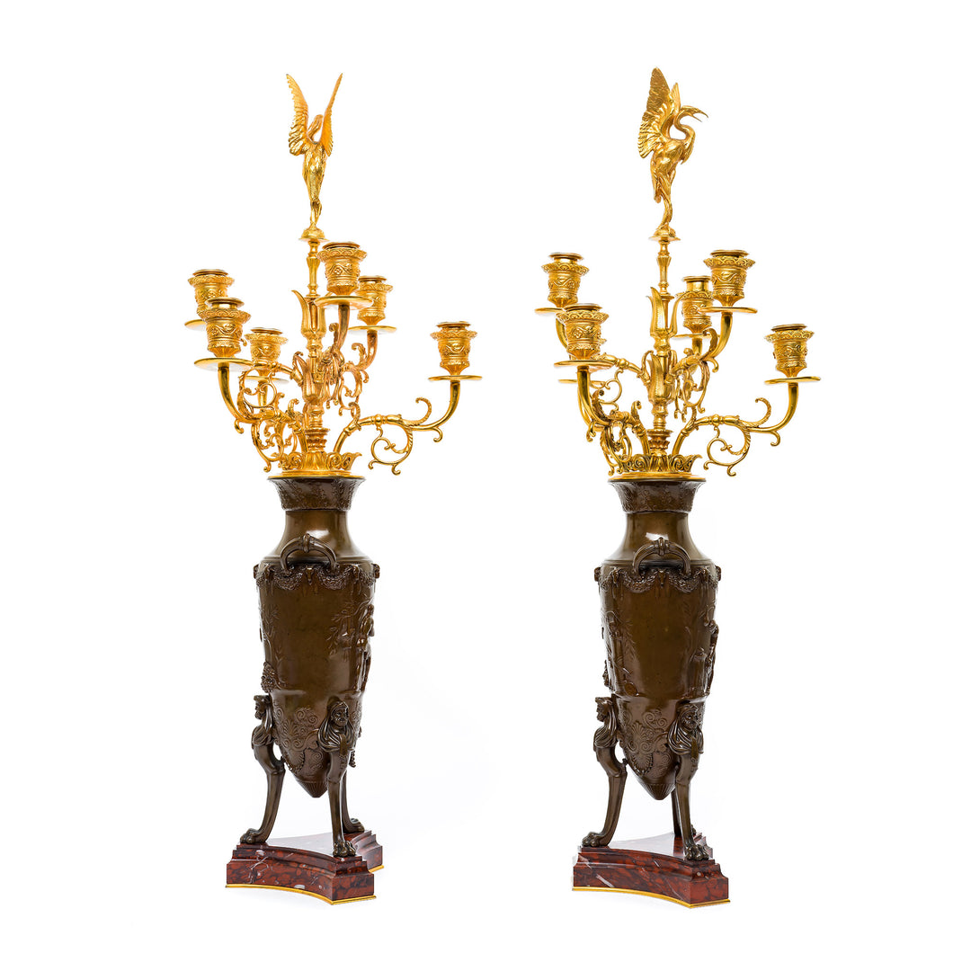 Exquisite 19th-century candelabras with classical motifs.