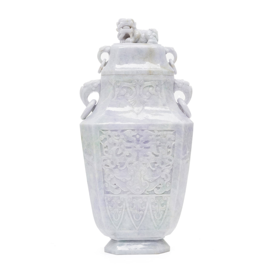 Hand-carved large lavender jade vase with intricate patterns