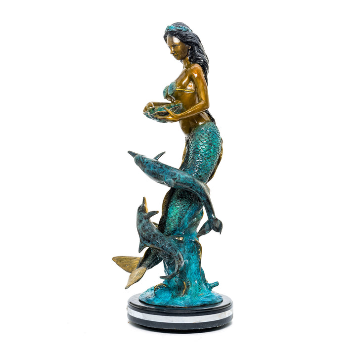 Exquisite bronze mermaid statue with dolphins swirling around