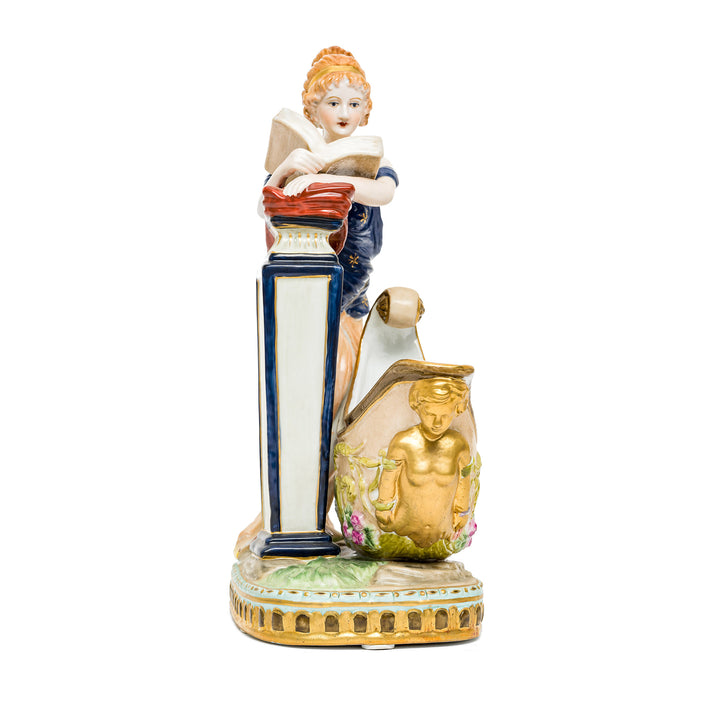 Exquisite hand-painted details on Dresden Porcelain Reading Lady.