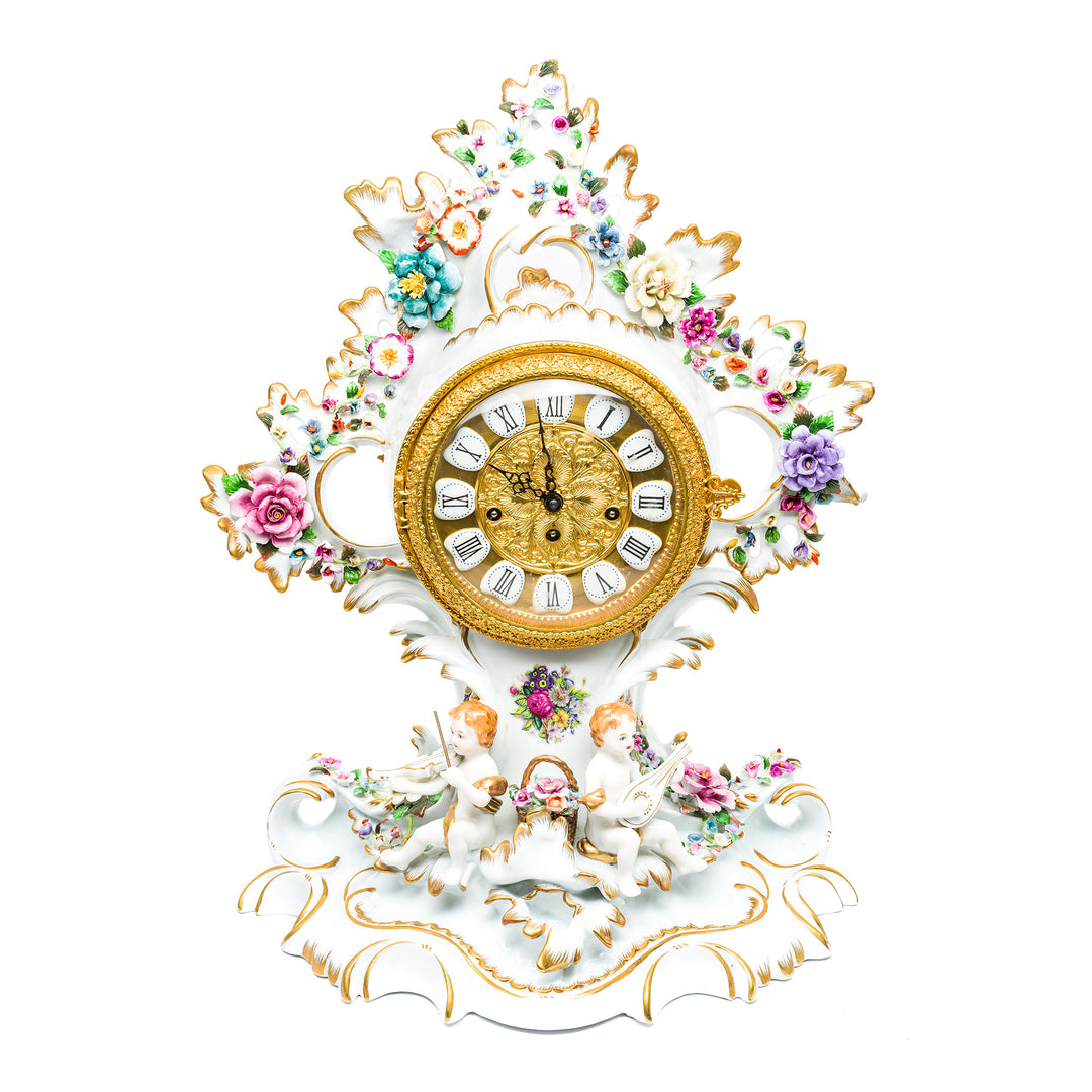 Exquisite porcelain clock with cherubs and flowers