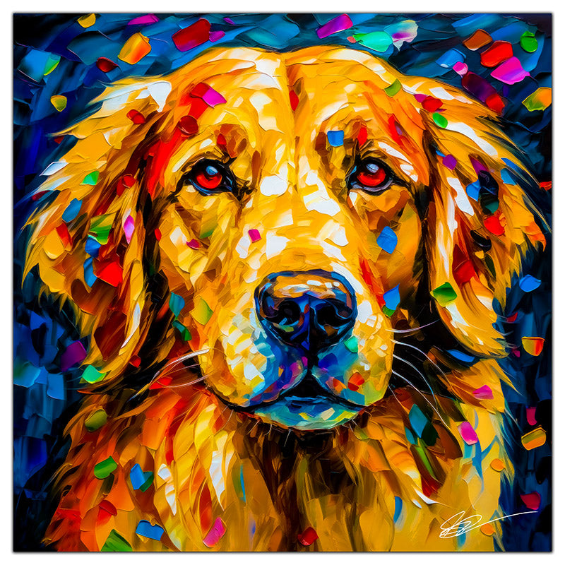 Colorful Golden Retriever portrait in modern art style, perfect for home decor.