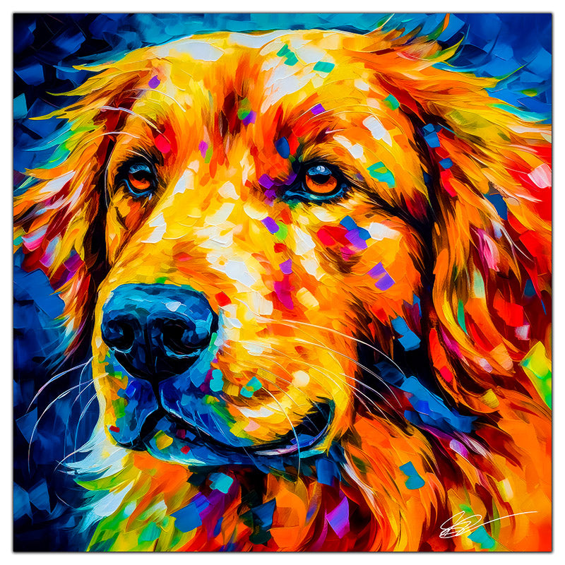 Colorful Golden Retriever portrait in modern art style, perfect for home decor.