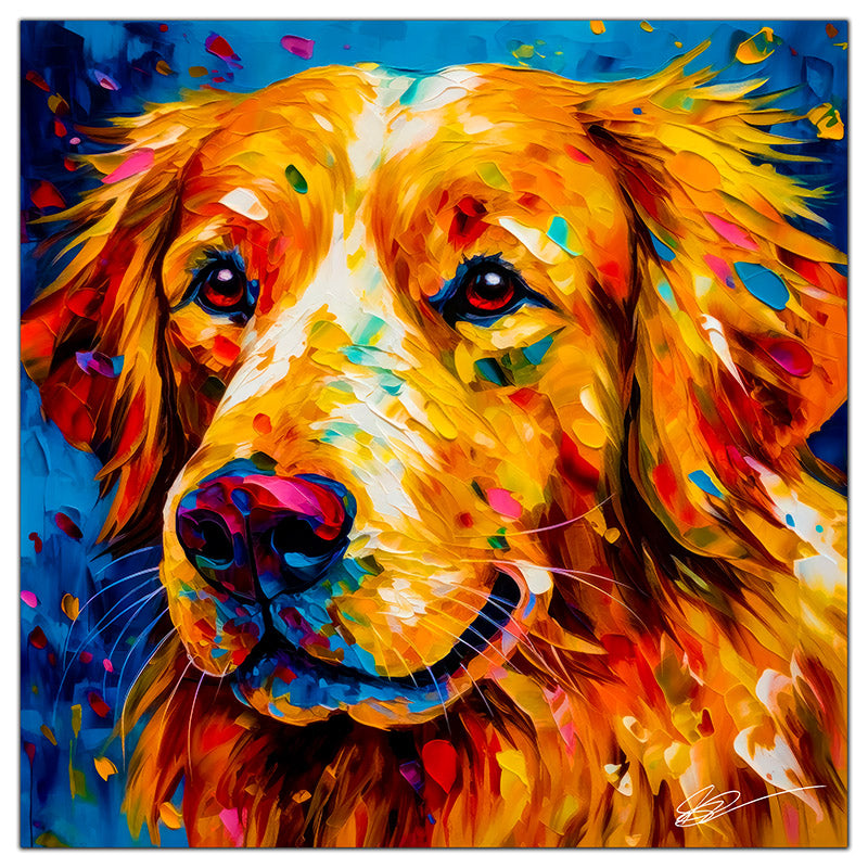 Colorful Golden Retriever portrait in modern art style, perfect for home decor.