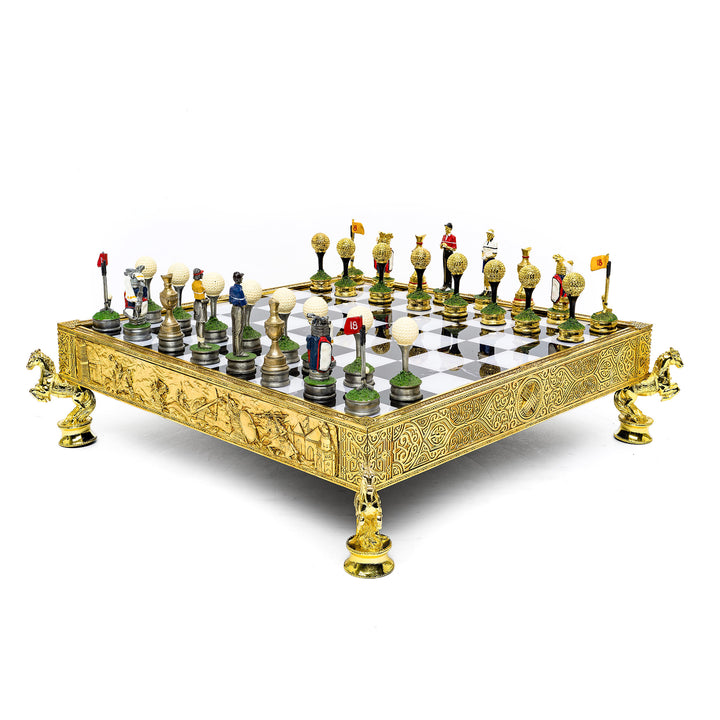 Golf-themed chess set with enameled bronze pieces.