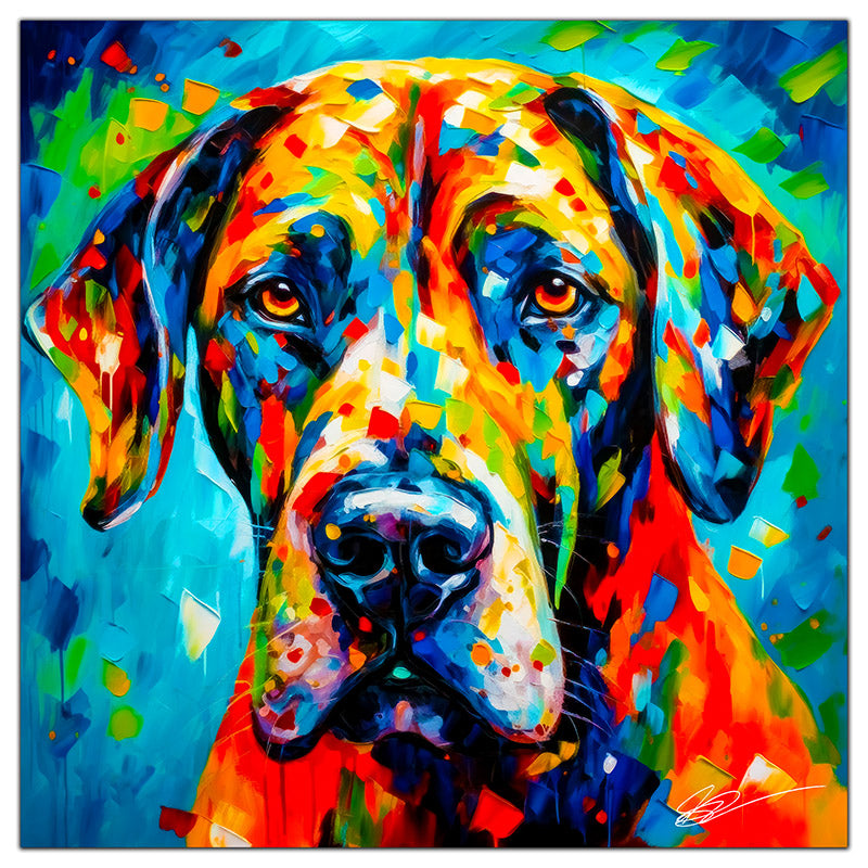 Colorful Great Dane portrait in modern art style, perfect for home decor.