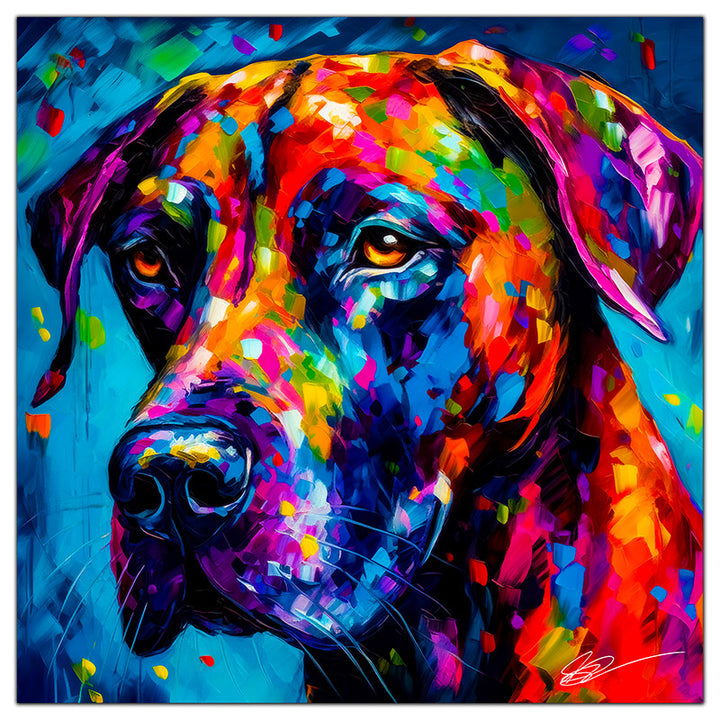 Colorful Great Dane portrait in modern art style, perfect for home decor.
