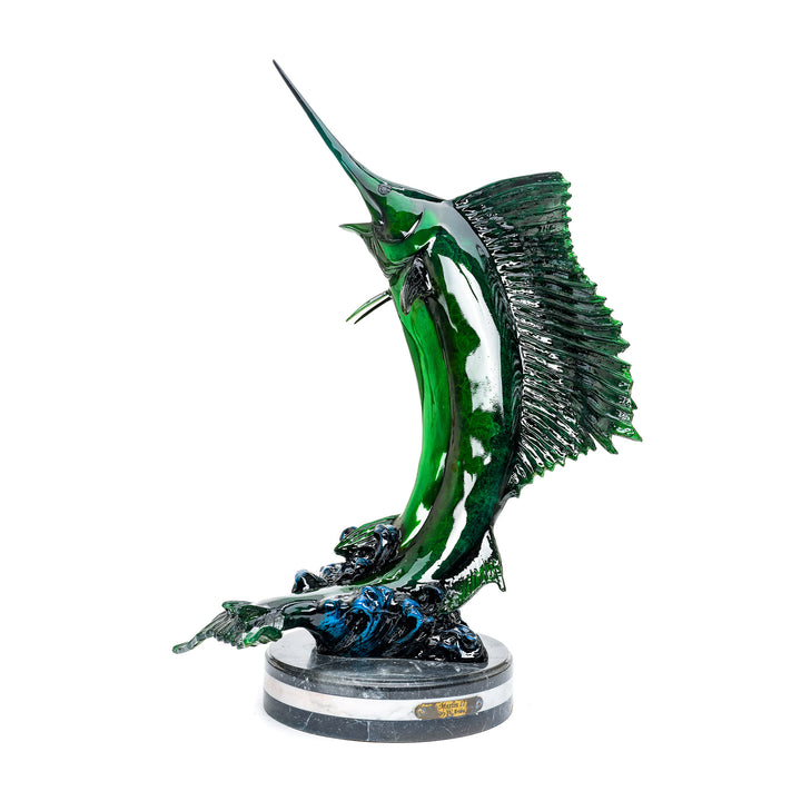 Green bronze marlin sculpture by Muzika with custom patina.