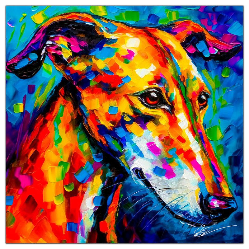 Colorful Greyhound portrait in modern art style, perfect for home decor.