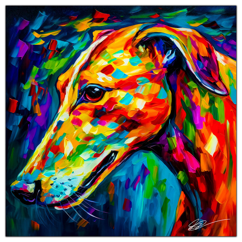 Colorful Greyhound portrait in modern art style, perfect for home decor.