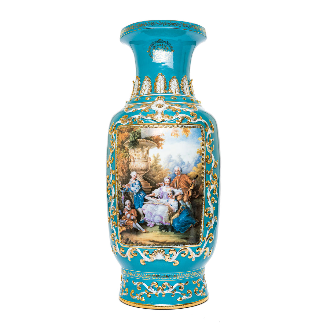 Hand-painted turquoise porcelain vase with gold accents