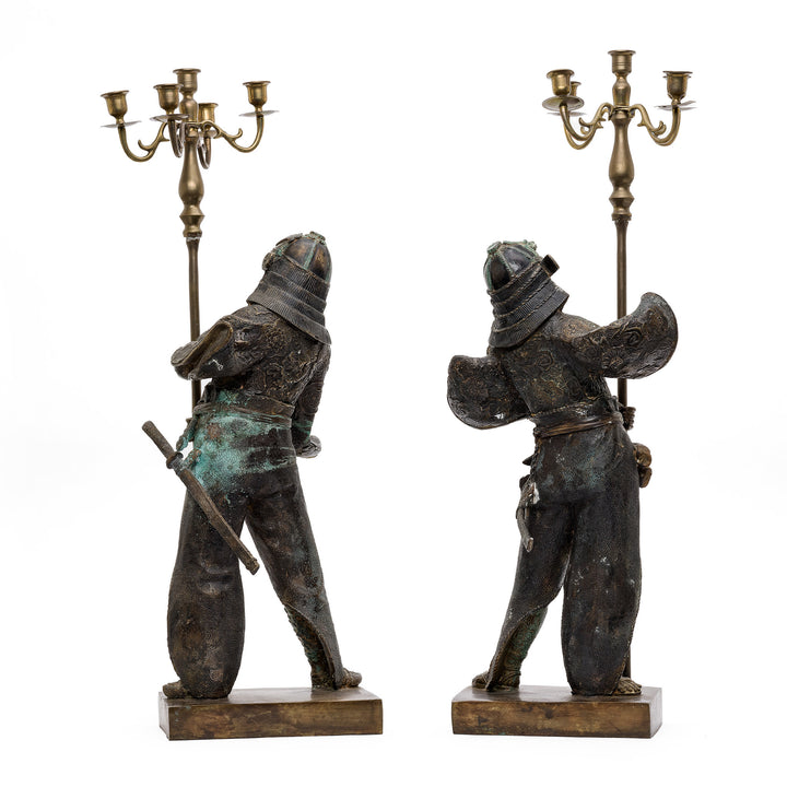 Handcrafted bronze samurai candelabra with vintage patina