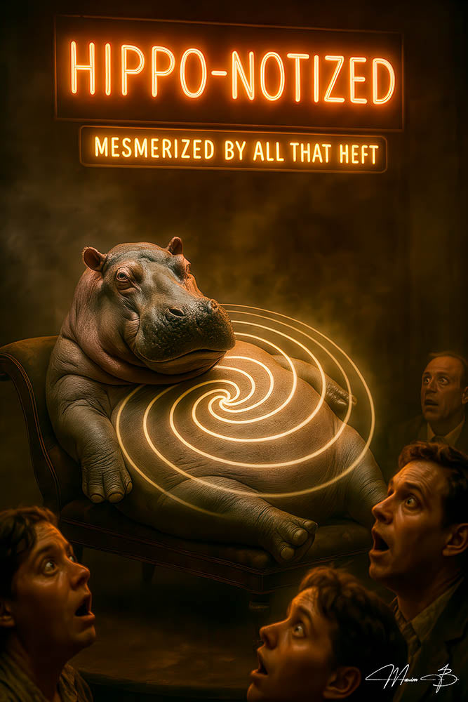 Humorous metal wall art depicting a hippopotamus hypnotizing an amazed audience under neon lights