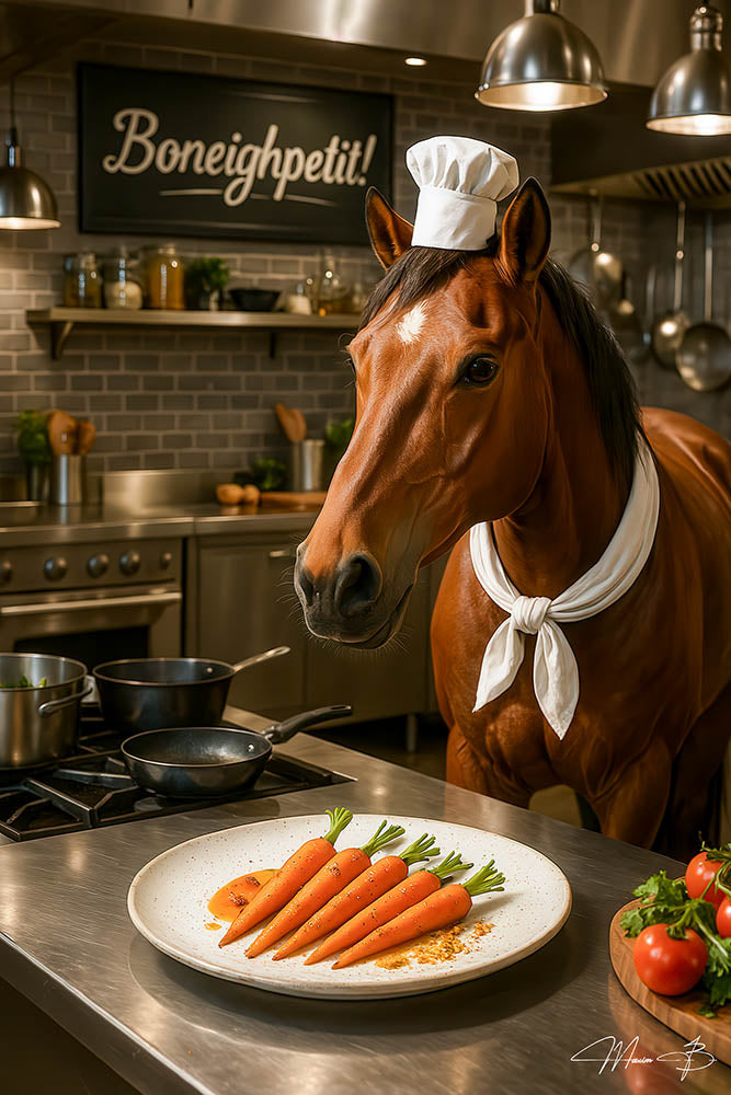 Humorous artwork of a horse chef proudly presenting gourmet carrots in a stylish kitchen titled Boneighpetit