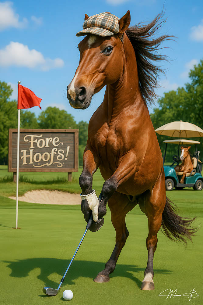 Funny artwork featuring a horse playing golf wearing a cap and golf glove on a lush green course titled Fore Hoofs!