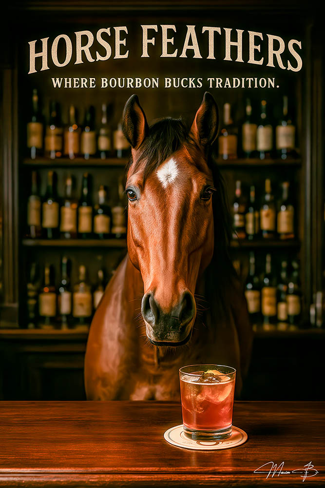 Humorous artwork of a horse bartender serving a bourbon cocktail titled Horse Feathers, in an elegant bar setting.