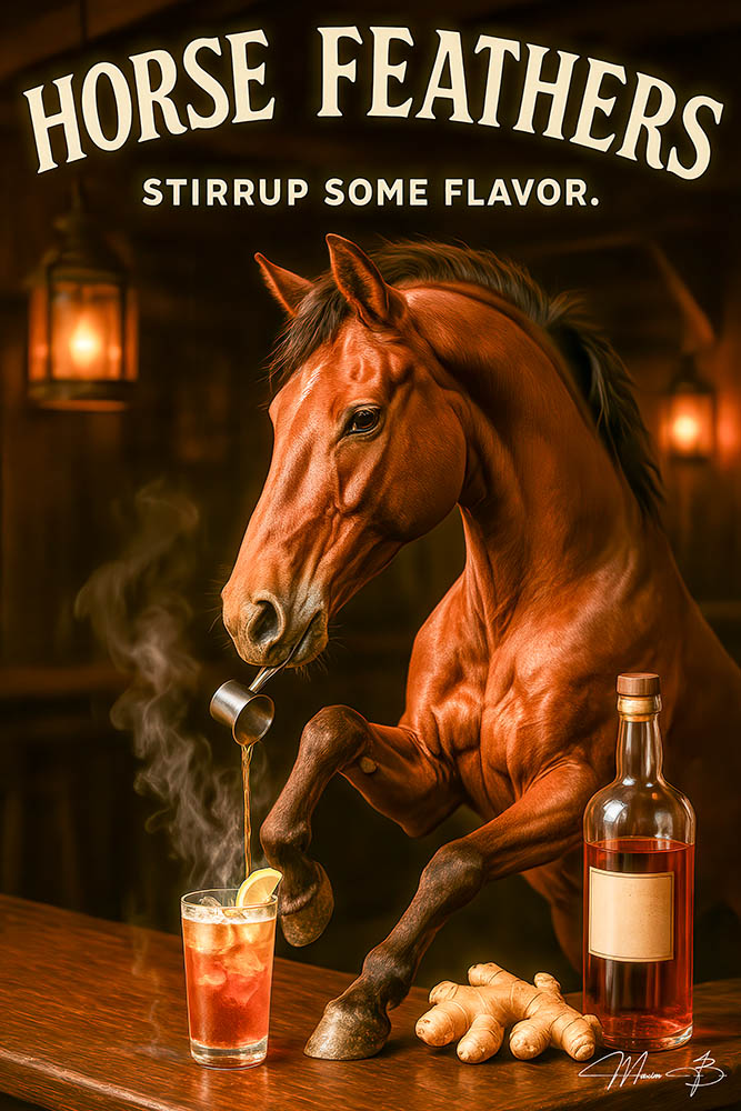 Horse Feathers III humorous horse bartender pouring ginger cocktail metal print