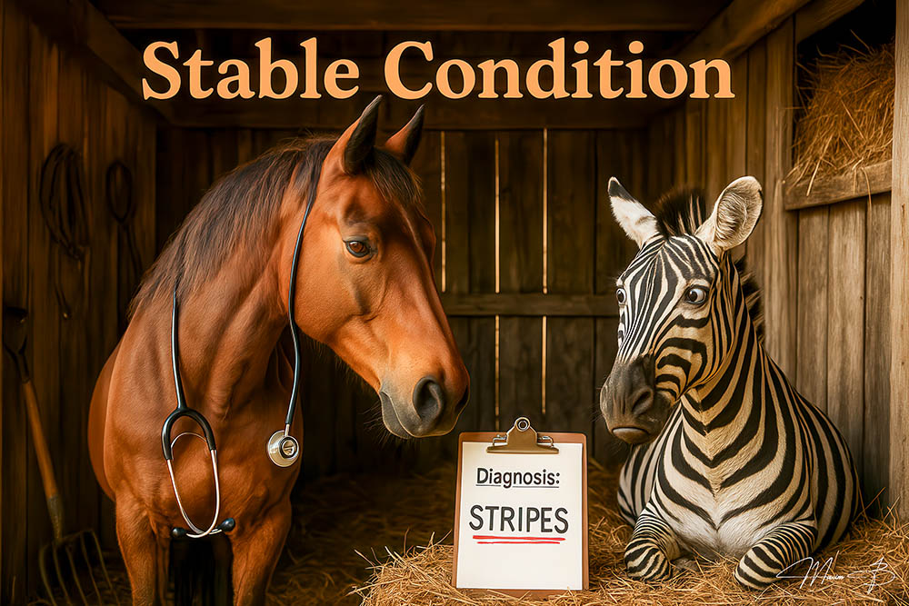 Stable Condition II humorous horse veterinarian diagnosing zebra stripes metal print