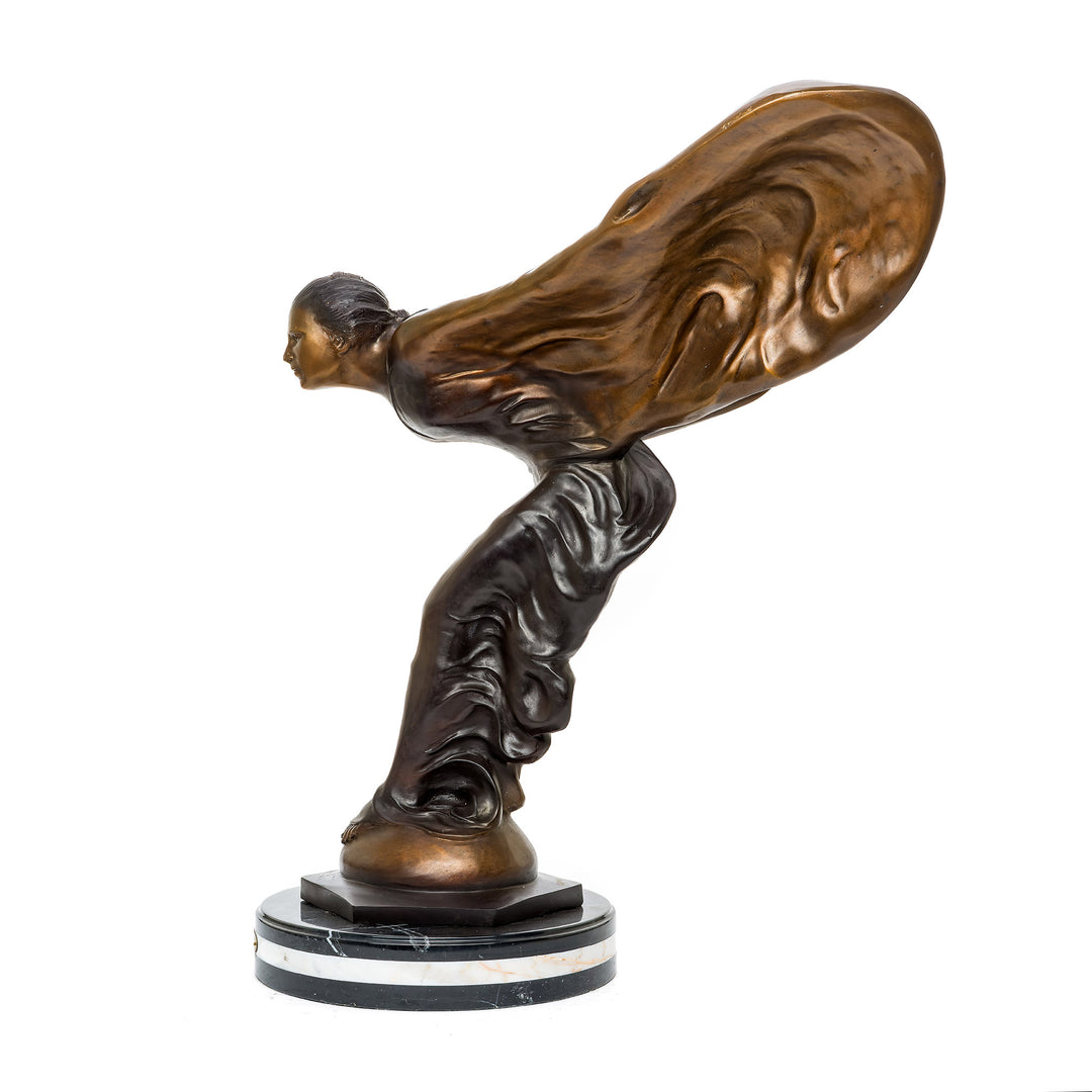 Iconic Spirit of Ecstasy statue in bronze on a marble base.
