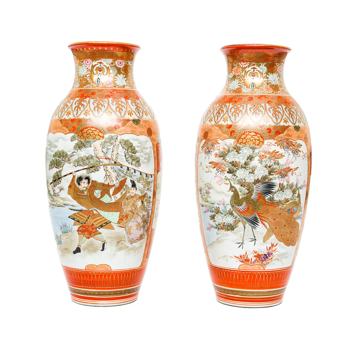 Japanese Kutani porcelain vases featuring traditional motifs.
