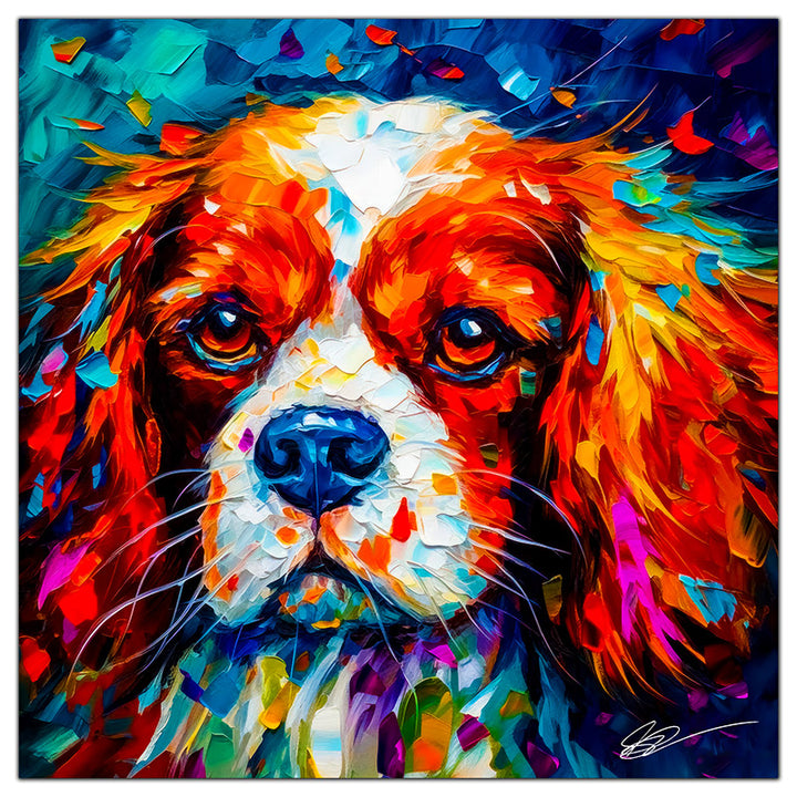Colorful King Charles Cavalier portrait in modern art style, perfect for home decor.