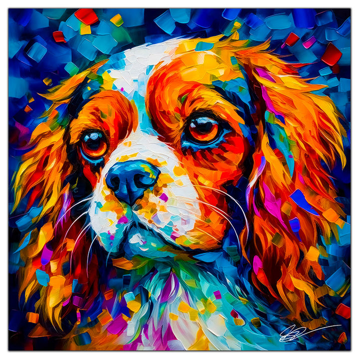 Colorful King Charles Cavalier portrait in modern art style, perfect for home decor.