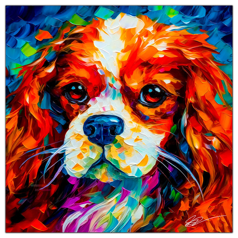 Colorful King Charles Cavalier portrait in modern art style, perfect for home decor.