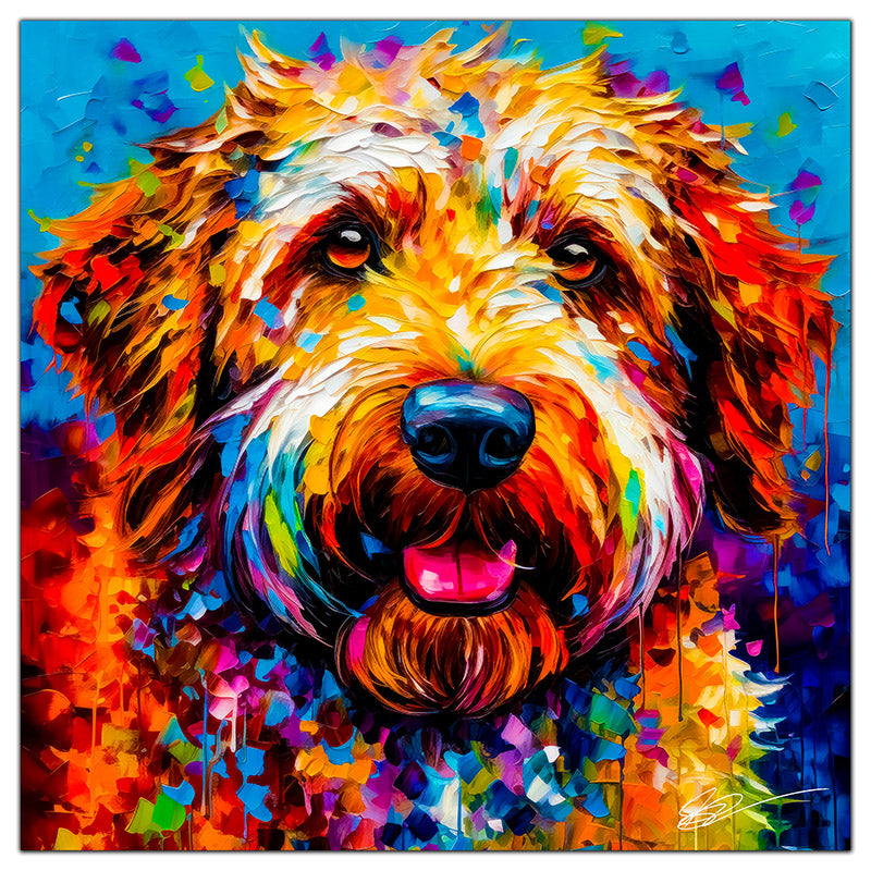 Colorful Labradoodle portrait in modern art style, perfect for home decor.