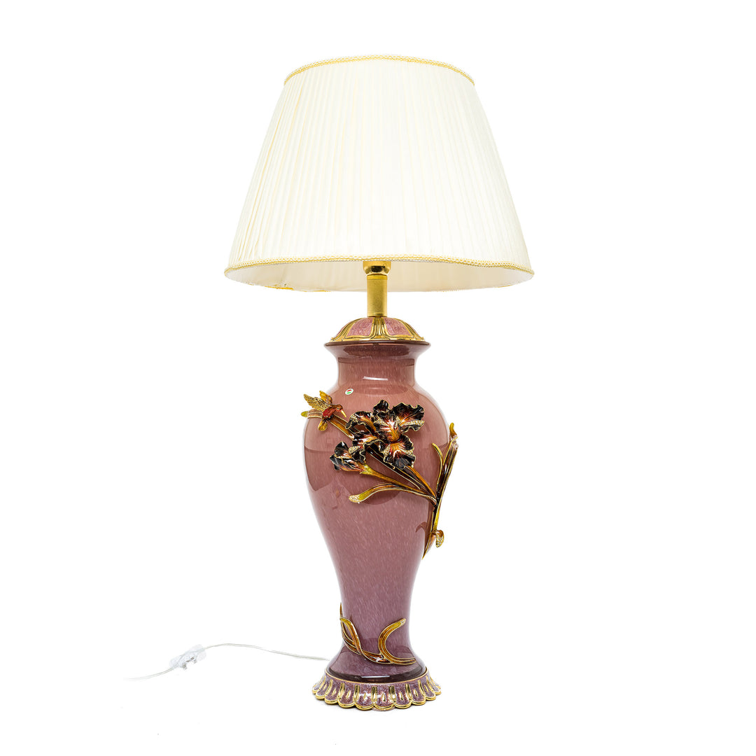 Lavender table lamp with enameled bronze floral motif.