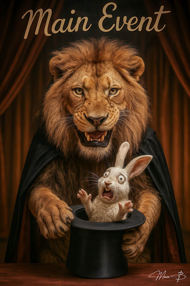 Lion magician dramatically pulling surprised rabbit from hat metal print wall art