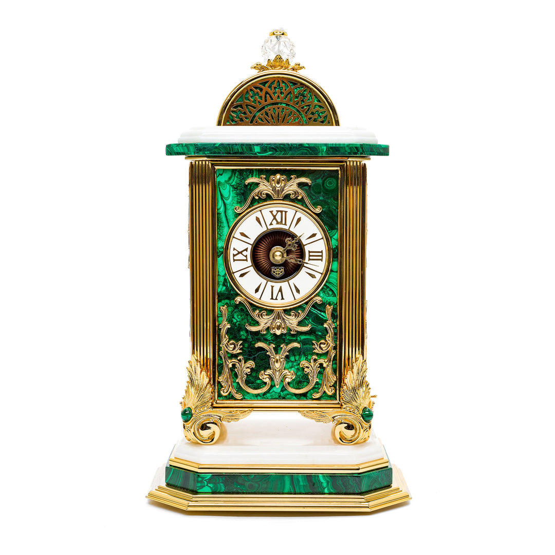 Luxurious Archimede Malachite Clock with 24kt gold-plated bronzes.