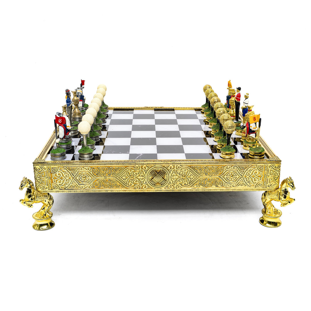 Luxurious gold-plated chessboard with golfer pieces.