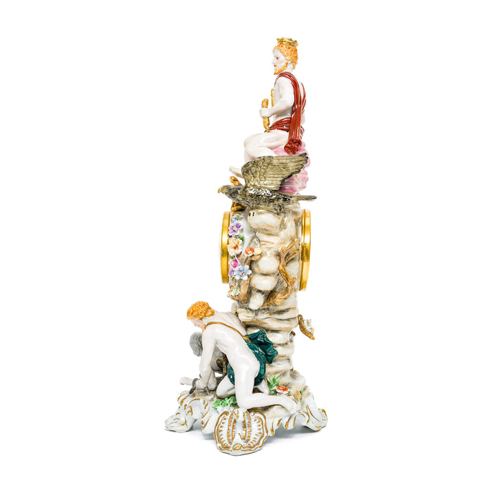 Majestic German porcelain clock surrounded by mythological characters.