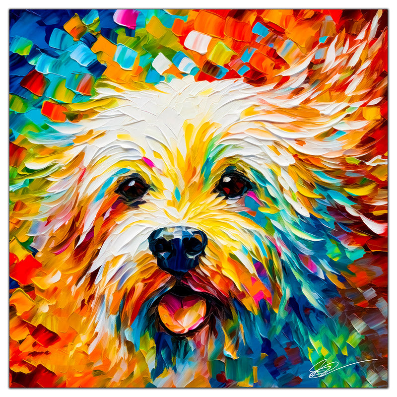 Colorful Maltese portrait in modern art style, perfect for home decor.