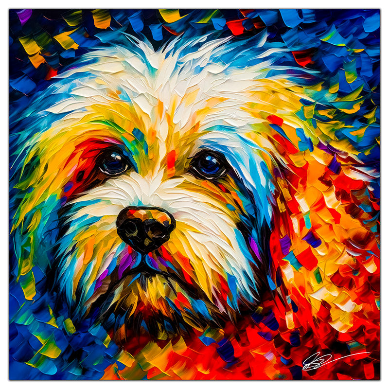 Colorful Maltese portrait in modern art style, perfect for home decor.